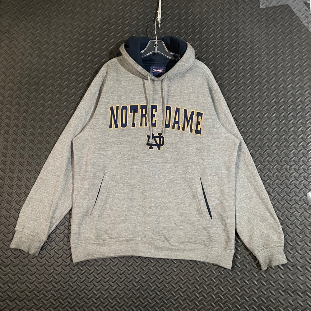Vintage Champs Notre Dame Fighting Irish NCAA Hoodie Mens‎ Gray Pullover Sweater